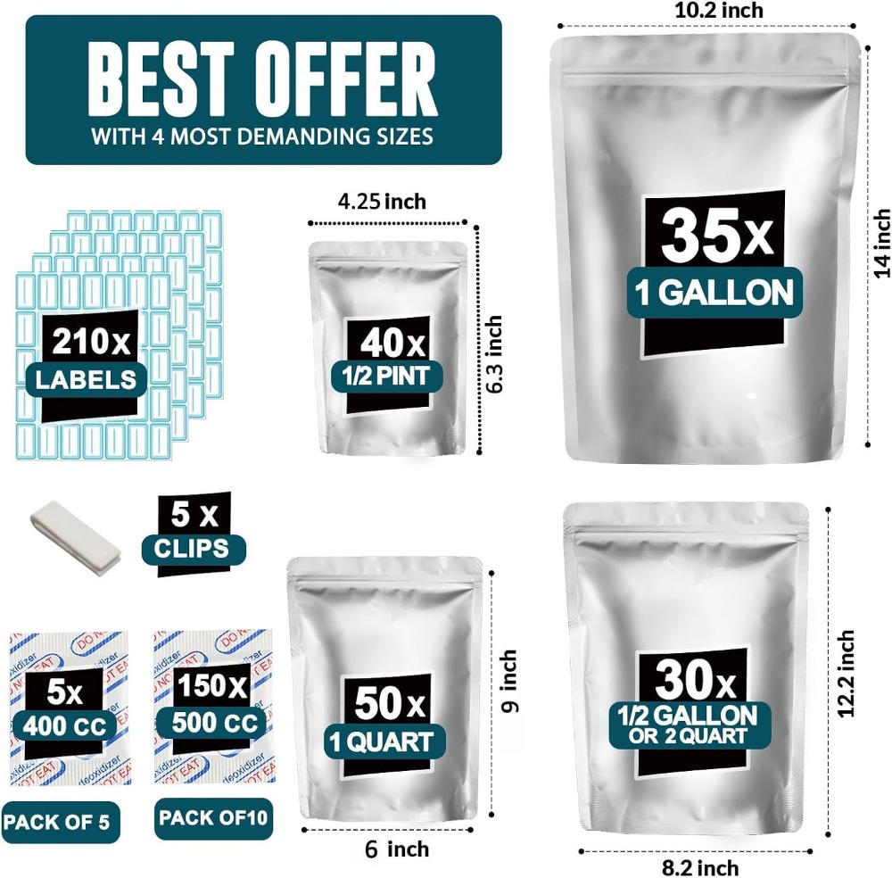 155 Bolsas de Mylar con 155 Ab - Food Storage Labels reseña y precio