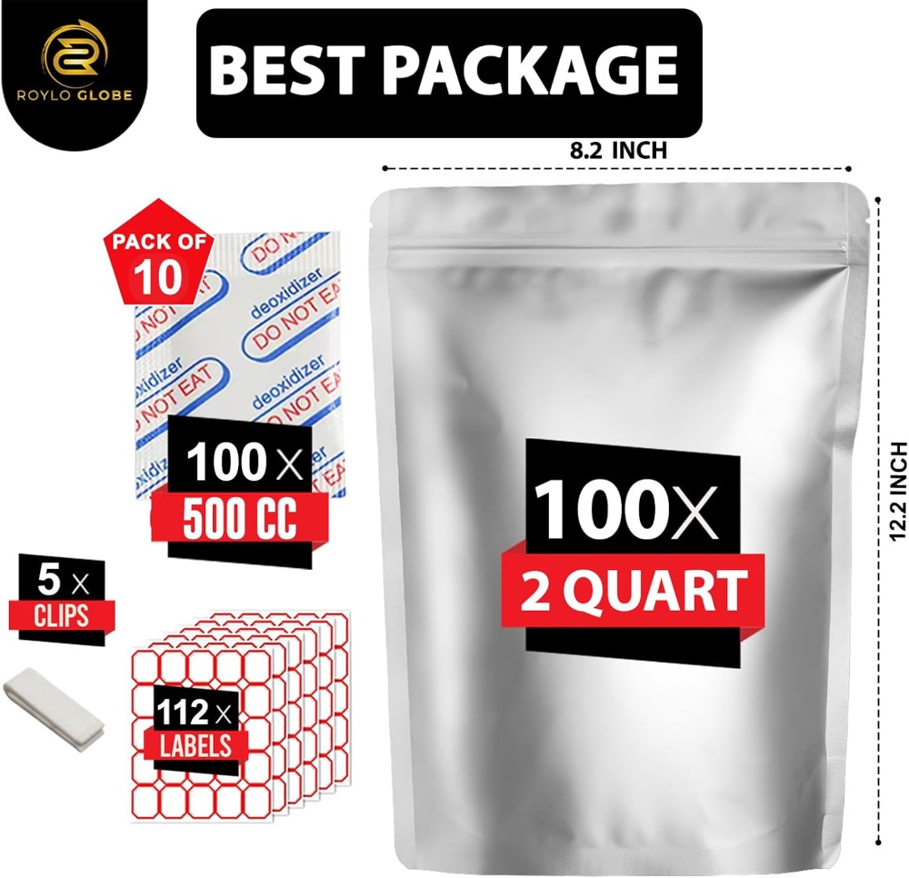 100 Bolsas de Mylar de 2 Cuart - Food Storage Oxygen Absorbers reseña y precio
